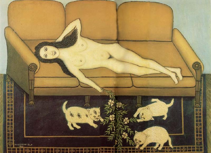 Hirshfield Morris Nude on Sofa with Three Pussies